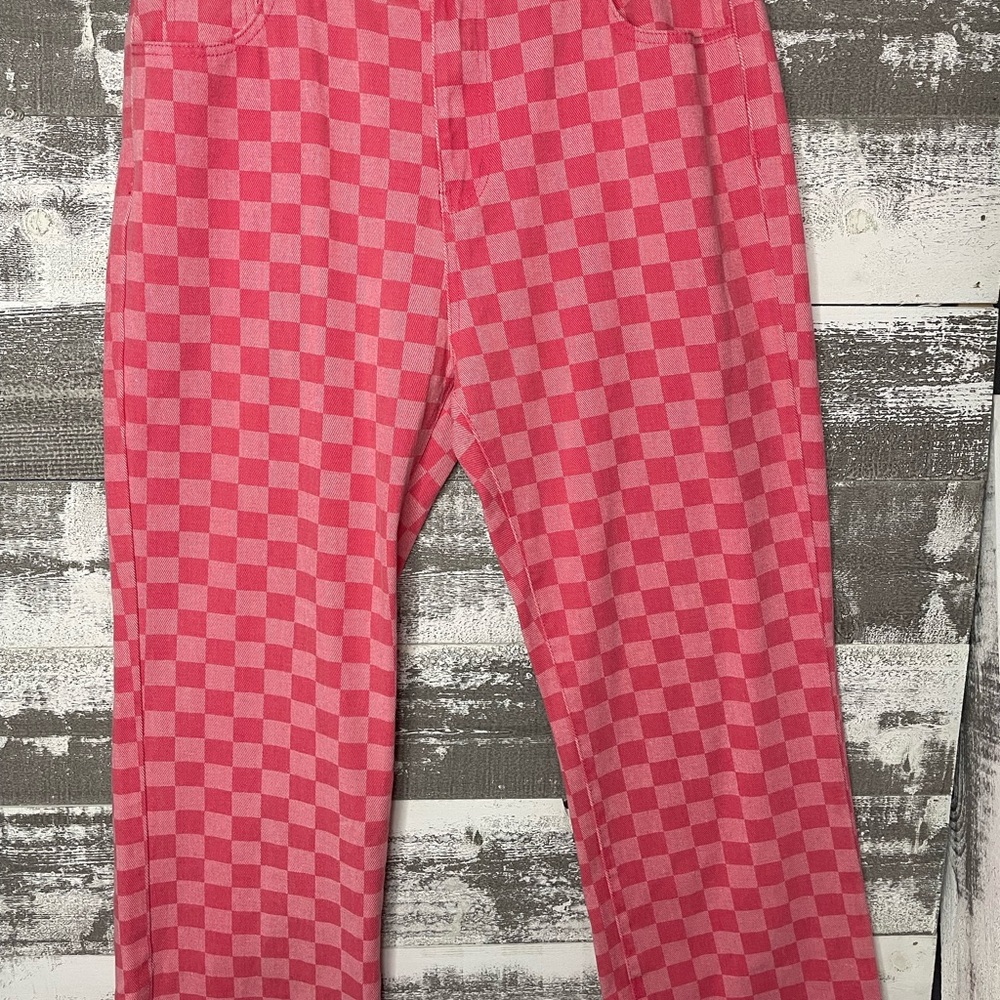 Pink Lily Pink Checkerboard Wide Leg Jeans